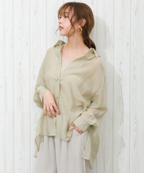 SpRay(スプレイ)の「シースルーオーバーサイズシャツ(シャツ/ブラウス・レディース・ブラック/オフホワイト/ミント/ライトベージュ/ライトグリーン/ダークパープル/ダークブラウン・FREE)」の5枚目の写真