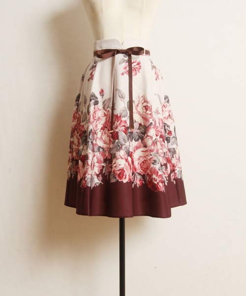 グログランリボン付きハートウエストフラワープリントフレアスカート　ピンク tocco closet（トッコ クローゼット）の「グログランリボン付き