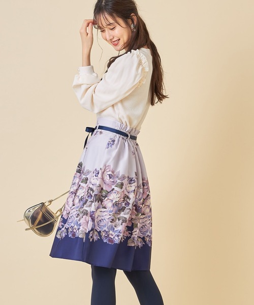 グログランリボン付きハートウエストフラワープリントフレアスカート　ピンク tocco closet（トッコ クローゼット）の「グログランリボン付き
