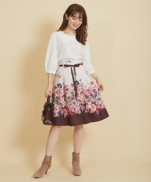グログランリボン付きハートウエストフラワープリントフレアスカート　ピンク tocco closet（トッコ クローゼット）の「グログランリボン付き