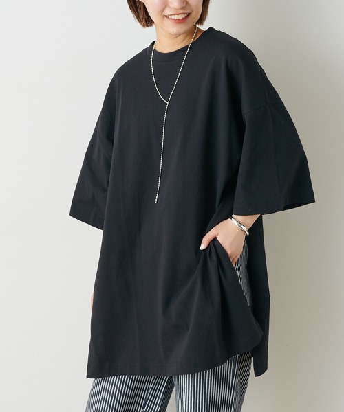 CIAOPANIC TYPY（チャオパニックティピー）の「【USAコットン】スリットチュニックTee（Tシャツ/カットソー・レディース・キャメル/ブルー/オフホワイト/ブラック・ONE SIZE）」の20枚目の写真