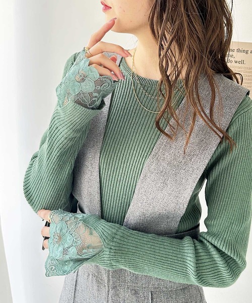 GeeRA（ジーラ）の「レース付クルーネックリブニットトップス（ニット/セーター・レディース・ボルドー/サンドグレー/ブルー/オフホワイト/ブラック/グリーン/その他・MEDIUM/SMALL/LARGE/XX-LARGE/X-LARGE）」の4枚目の写真