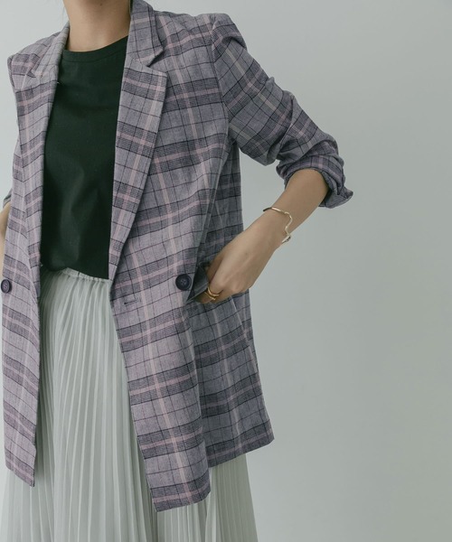 KBF+（ケービーエフプラス）の「KBF+　リネンmixチェックジャケット∴（その他アウター・レディース・グレー系その他/ベージュ系その他・ONE）」の2枚目の写真