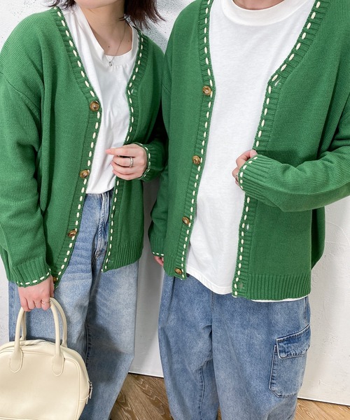 PairPair（ペアペア）の「ハンドステッチ風カーディガン(ユニセックス)（カーディガン/ボレロ・レディース・ブラック/グリーン/マスタード・MEDIUM/LARGE）」の2枚目の写真