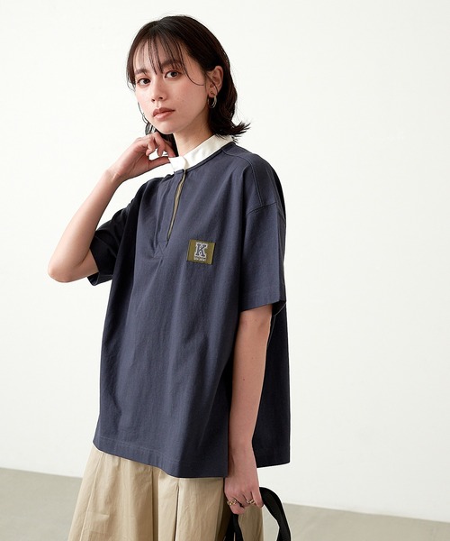 KANGOL EXTRA COMFORT(カンゴールエクストラコンフォート)の「【KANGOL EXTRA COMFORT(カンゴール エクストラコンフォート)】Kロゴワッペン付き ビッグシルエット ラガーTシャツ(Tシャツ/カットソー・レディース・ネイビー/ピンク/エメラルド/ライトベージュ・LL/M/L)」の8枚目の写真