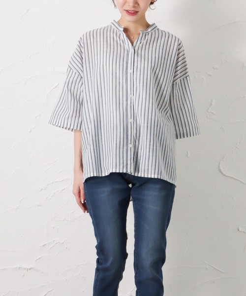 NAVY(ネイビー)の「RTスラブキーネックシャツ(シャツ/ブラウス・レディース・ブラック/ホワイト/グリーン・フリー)」の1枚目の写真