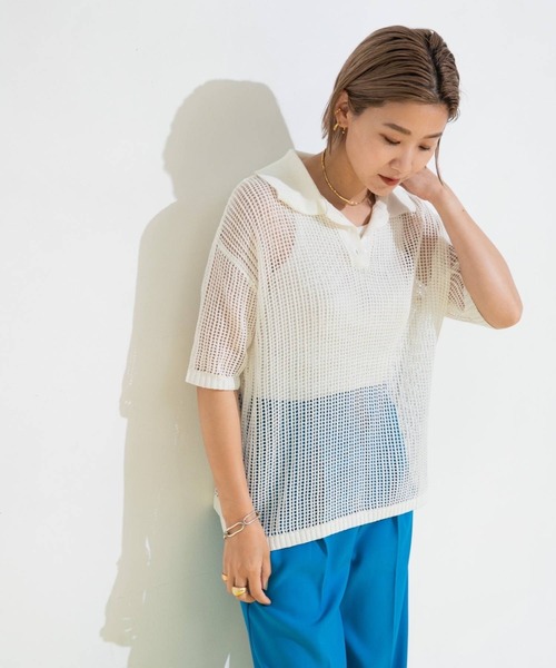 bohmal（ボマール）の「メッシュポロニット（ニット/セーター・レディース・オフホワイト/ピンク/オレンジ・FREE）」の2枚目の写真