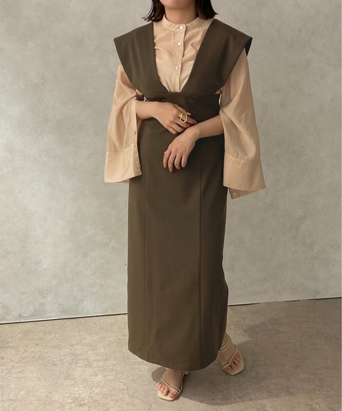 apres jour clair（アプレジュールクレア）の「【apres jour clair】Vネックジャンスカ 【ZOZOTOWN限定アイテム】（ジャンパースカート・レディース・グレイッシュベージュ/ダークブラウン/ベージュ・X-LARGE/フリー）」の3枚目の写真