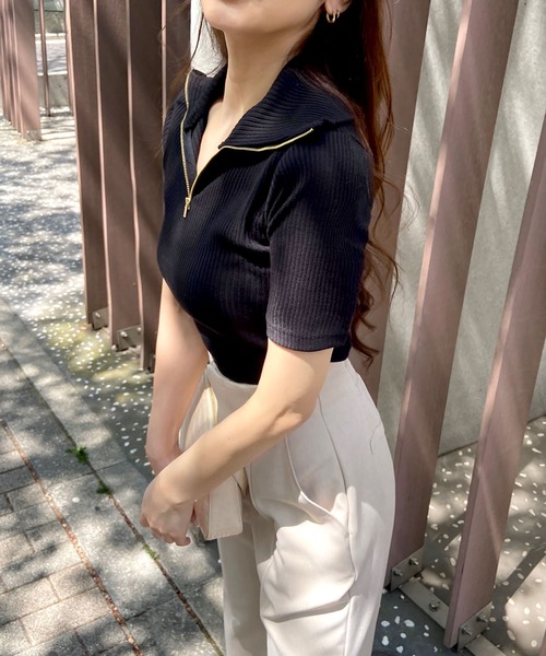 ROYAL PARTY(ロイヤルパーティー)の「【ZOZO限定】スタンドカラーZIP UP半袖トップス(Tシャツ/カットソー・レディース・オフホワイト/グリーン/グレー/ブラック・FREE)」の16枚目の写真