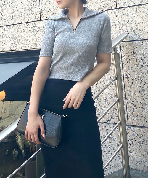 ROYAL PARTY(ロイヤルパーティー)の「【ZOZO限定】スタンドカラーZIP UP半袖トップス(Tシャツ/カットソー・レディース・オフホワイト/グリーン/グレー/ブラック・FREE)」の8枚目の写真