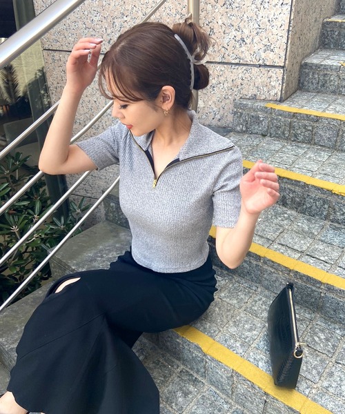 ROYAL PARTY(ロイヤルパーティー)の「【ZOZO限定】スタンドカラーZIP UP半袖トップス(Tシャツ/カットソー・レディース・オフホワイト/グリーン/グレー/ブラック・FREE)」の14枚目の写真