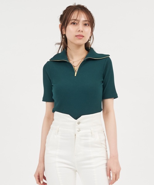 ROYAL PARTY(ロイヤルパーティー)の「【ZOZO限定】スタンドカラーZIP UP半袖トップス(Tシャツ/カットソー・レディース・オフホワイト/グリーン/グレー/ブラック・FREE)」の21枚目の写真