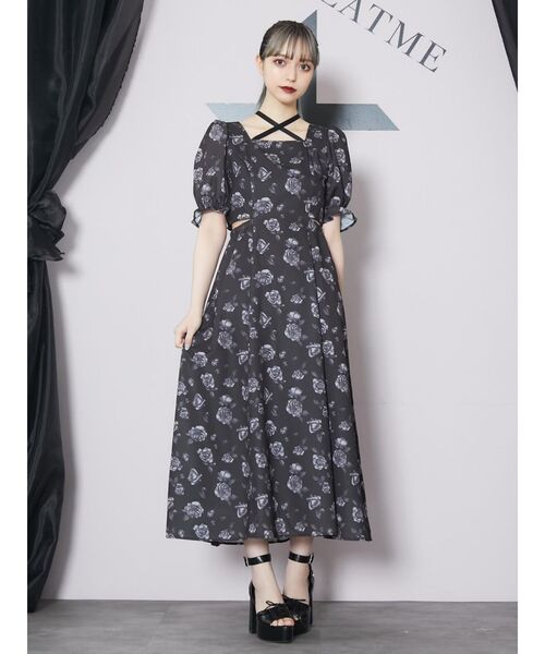 美品 EATME モノトーン フラワー ワンピース イートミー 花柄 M 黒白 EATME（イートミー）の「ローズフラワープリントワンピース