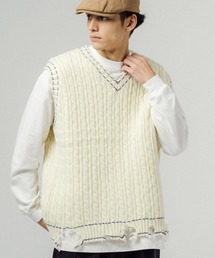 オーバーサイズ ワンポイントロゴ ダメージ加工 Vネックノースリーブニットベスト