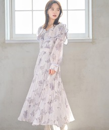 ビッグカラーニュアンスフラワープリントプリーツワンピース