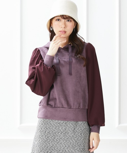 marun（マルン）の「＜大きいサイズ＞ チュール袖スエードポンチフードパーカートップス marun（パーカー・レディース・パープル/ベージュ系・LL/L/3L/4L/5L）」の5枚目の写真