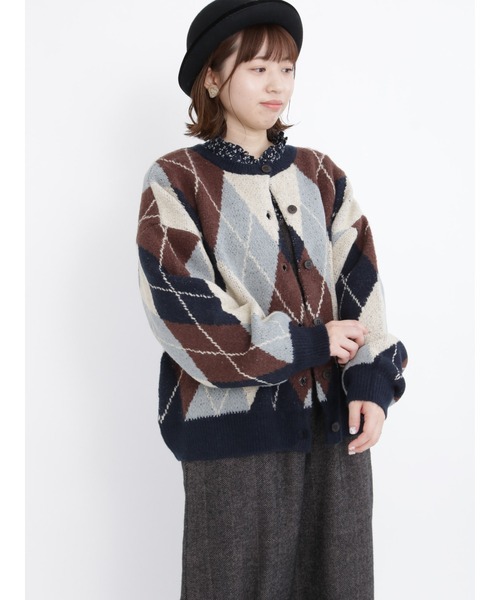Samansa Mos2（サマンサ モスモス）の「アーガイル柄ニットカーディガン（カーディガン/ボレロ・レディース・ブラウン/オレンジ/ベージュ/ネイビー・ﾌﾘ-）」の3枚目の写真