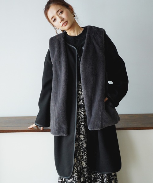 mysty woman（ミスティウーマン）の「ファーベストＳＥＴコート 176102（ノーカラーコート・レディース・モカ/アイボリー/ブラック・FREE）」の3枚目の写真