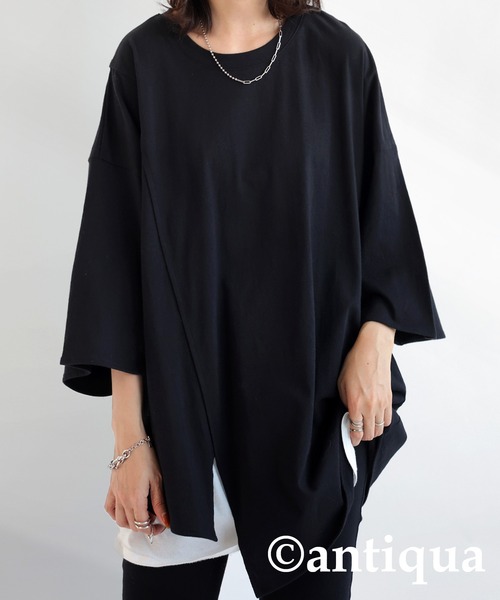 antiqua(アンティカ)の「綿100%抗菌防臭アシメTシャツ(Tシャツ/カットソー・レディース・ダークグレー/オフホワイト/ブラック・FREE)」の2枚目の写真