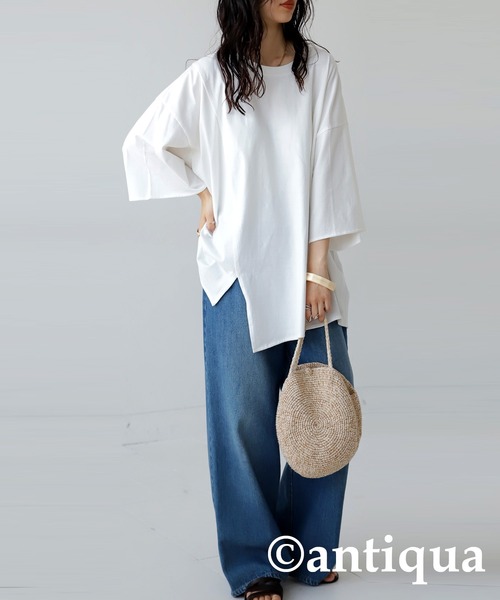 antiqua(アンティカ)の「綿100%抗菌防臭アシメTシャツ(Tシャツ/カットソー・レディース・ダークグレー/オフホワイト/ブラック・FREE)」の10枚目の写真