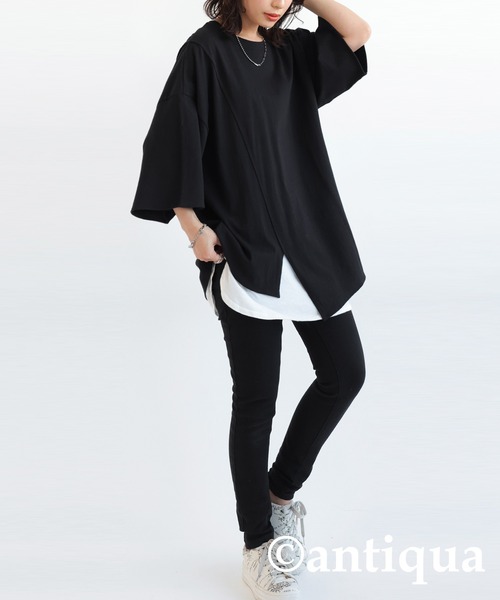 antiqua(アンティカ)の「綿100%抗菌防臭アシメTシャツ(Tシャツ/カットソー・レディース・ダークグレー/オフホワイト/ブラック・FREE)」の18枚目の写真
