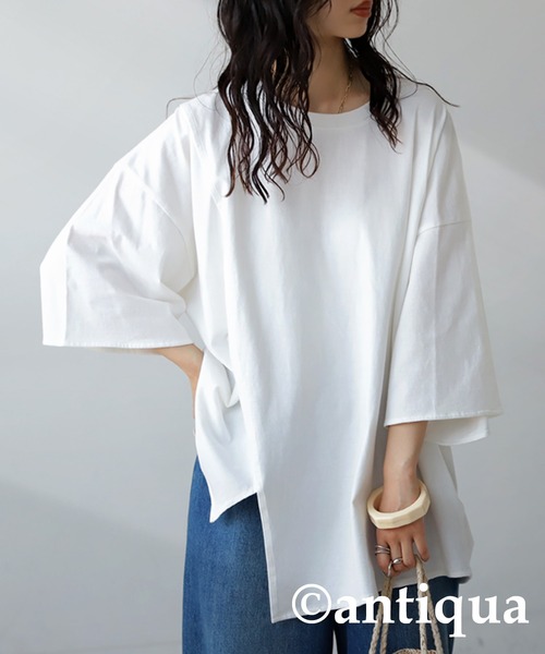 antiqua(アンティカ)の「綿100%抗菌防臭アシメTシャツ(Tシャツ/カットソー・レディース・ダークグレー/オフホワイト/ブラック・FREE)」の11枚目の写真