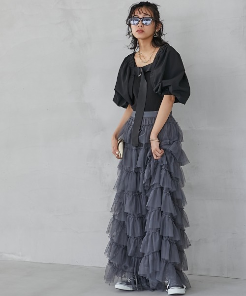 GEVS.（ジェイヴィス）の「＜大きいサイズ＞チュール8段フリルマキシスカート GEVS.（スカート・レディース・モカ/チャコール/ブラック・4L/3L/5L/L/LL）」の21枚目の写真