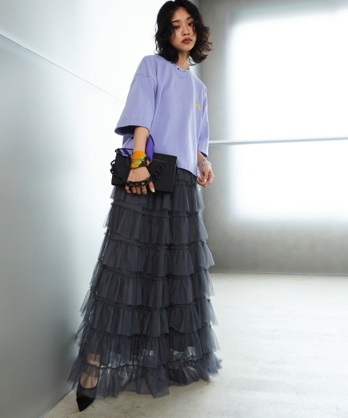 GEVS.（ジェイヴィス）の「＜大きいサイズ＞チュール8段フリルマキシスカート GEVS.（スカート・レディース・モカ/チャコール/ブラック・4L/3L/5L/L/LL）」の4枚目の写真