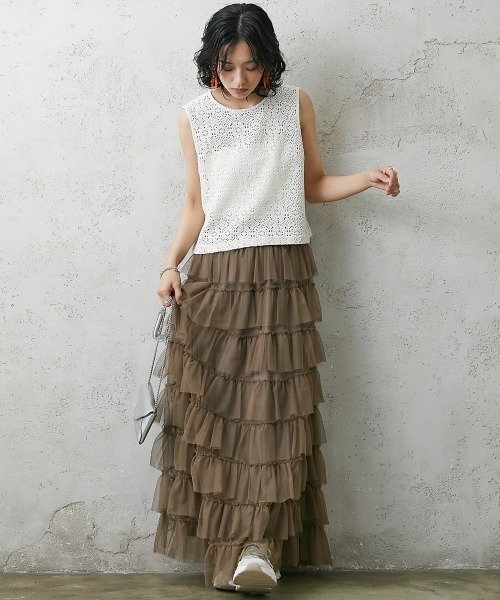 GEVS.（ジェイヴィス）の「＜大きいサイズ＞チュール8段フリルマキシスカート GEVS.（スカート・レディース・モカ/チャコール/ブラック・4L/3L/5L/L/LL）」の13枚目の写真