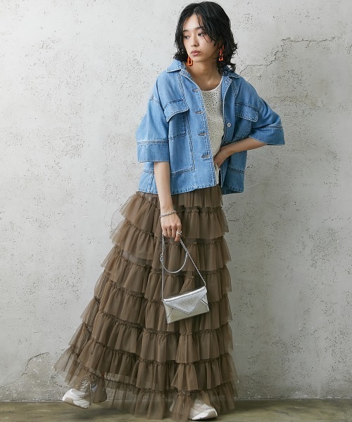 GEVS.（ジェイヴィス）の「＜大きいサイズ＞チュール8段フリルマキシスカート GEVS.（スカート・レディース・モカ/チャコール/ブラック・4L/3L/5L/L/LL）」の6枚目の写真