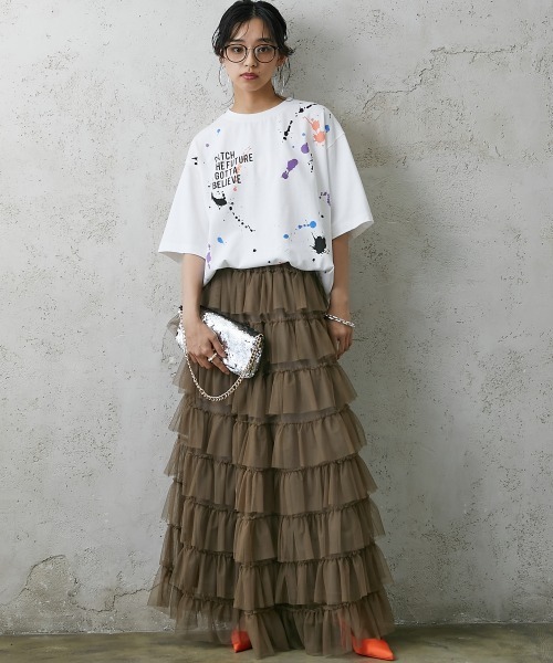 GEVS.（ジェイヴィス）の「＜大きいサイズ＞チュール8段フリルマキシスカート GEVS.（スカート・レディース・モカ/チャコール/ブラック・4L/3L/5L/L/LL）」の7枚目の写真