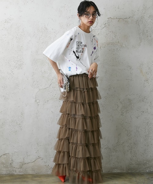 GEVS.（ジェイヴィス）の「＜大きいサイズ＞チュール8段フリルマキシスカート GEVS.（スカート・レディース・モカ/チャコール/ブラック・4L/3L/5L/L/LL）」の14枚目の写真