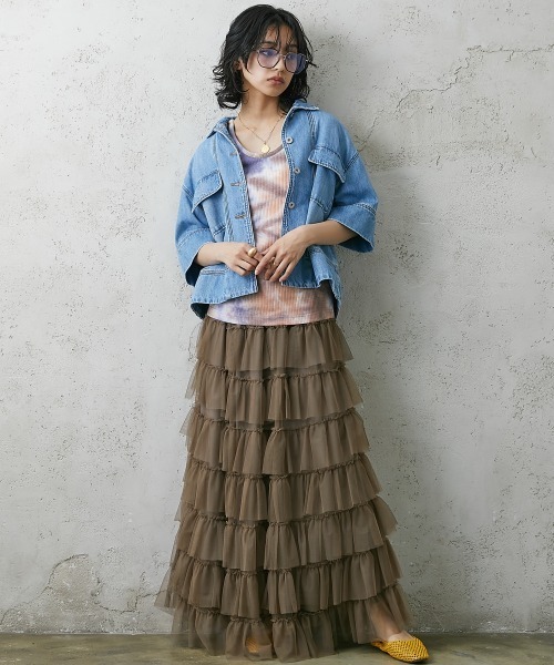 GEVS.（ジェイヴィス）の「＜大きいサイズ＞チュール8段フリルマキシスカート GEVS.（スカート・レディース・モカ/チャコール/ブラック・4L/3L/5L/L/LL）」の16枚目の写真