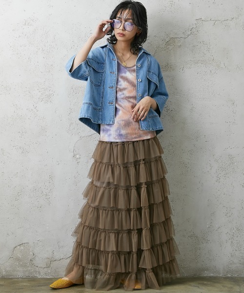 GEVS.（ジェイヴィス）の「＜大きいサイズ＞チュール8段フリルマキシスカート GEVS.（スカート・レディース・モカ/チャコール/ブラック・4L/3L/5L/L/LL）」の9枚目の写真