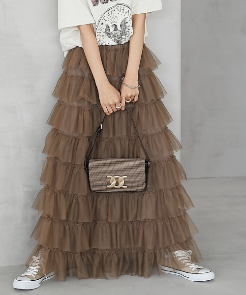 GEVS.（ジェイヴィス）の「＜大きいサイズ＞チュール8段フリルマキシスカート GEVS.（スカート・レディース・モカ/チャコール/ブラック・4L/3L/5L/L/LL）」の19枚目の写真