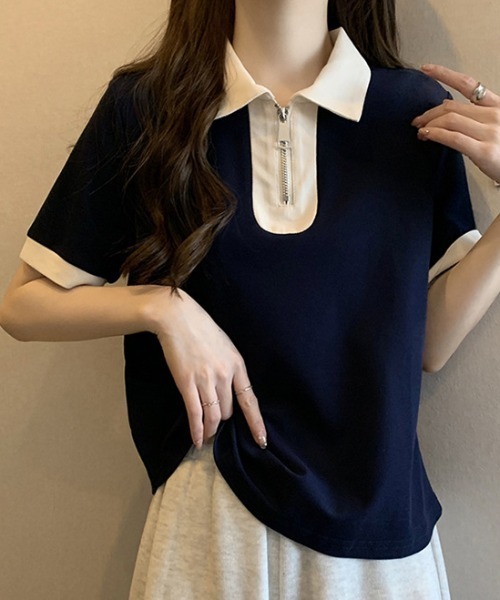 deux amour（ドゥーザムール）の「配色ハーフジップ半袖ポロシャツ（チューブトップ・レディース・ホワイト/ネイビー/グリーン・FREE）」の3枚目の写真