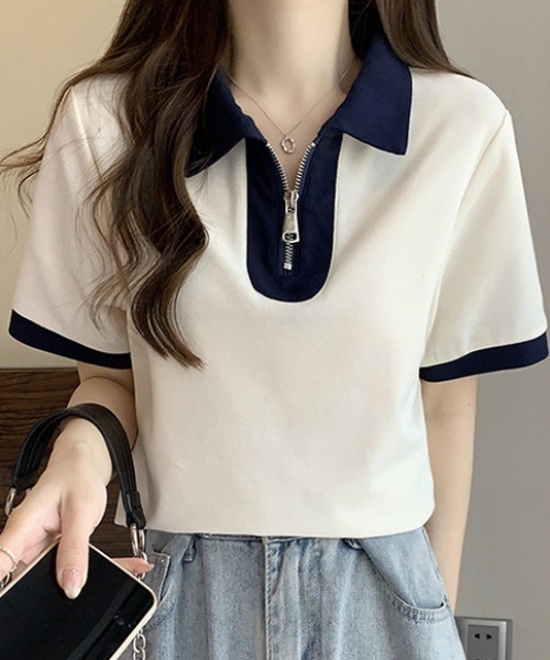 deux amour（ドゥーザムール）の「配色ハーフジップ半袖ポロシャツ（チューブトップ・レディース・ホワイト/ネイビー/グリーン・FREE）」の2枚目の写真