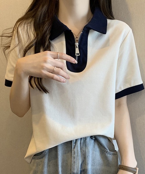 deux amour（ドゥーザムール）の「配色ハーフジップ半袖ポロシャツ（チューブトップ・レディース・ホワイト/ネイビー/グリーン・FREE）」の11枚目の写真