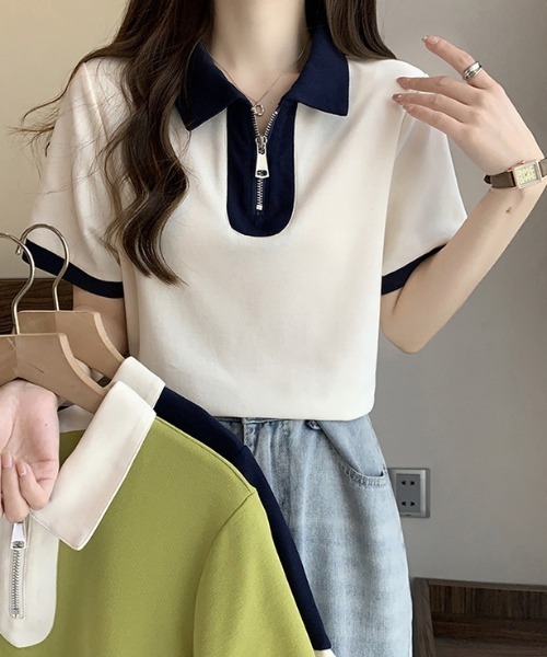deux amour（ドゥーザムール）の「配色ハーフジップ半袖ポロシャツ（チューブトップ・レディース・ホワイト/ネイビー/グリーン・FREE）」の5枚目の写真