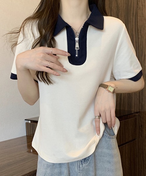 deux amour（ドゥーザムール）の「配色ハーフジップ半袖ポロシャツ（チューブトップ・レディース・ホワイト/ネイビー/グリーン・FREE）」の7枚目の写真