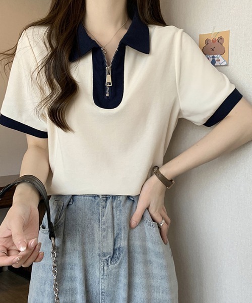 deux amour（ドゥーザムール）の「配色ハーフジップ半袖ポロシャツ（チューブトップ・レディース・ホワイト/ネイビー/グリーン・FREE）」の8枚目の写真