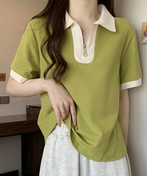 deux amour（ドゥーザムール）の「配色ハーフジップ半袖ポロシャツ（チューブトップ・レディース・ホワイト/ネイビー/グリーン・FREE）」の4枚目の写真