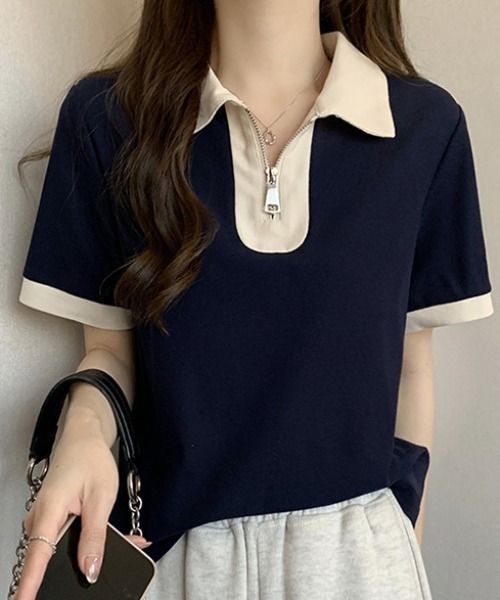 deux amour（ドゥーザムール）の「配色ハーフジップ半袖ポロシャツ（チューブトップ・レディース・ホワイト/ネイビー/グリーン・FREE）」の13枚目の写真