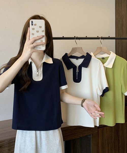 deux amour（ドゥーザムール）の「配色ハーフジップ半袖ポロシャツ（チューブトップ・レディース・ホワイト/ネイビー/グリーン・FREE）」の6枚目の写真