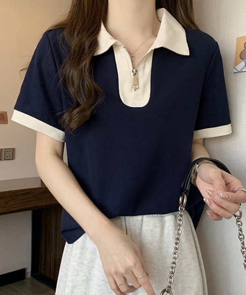 deux amour（ドゥーザムール）の「配色ハーフジップ半袖ポロシャツ（チューブトップ・レディース・ホワイト/ネイビー/グリーン・FREE）」の12枚目の写真