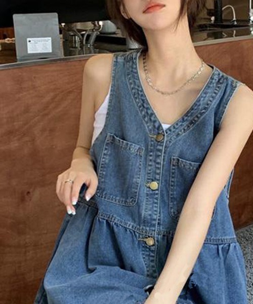 gossip!ロサンゼルス(ゴシップロサンゼルス)の「YUGA ノースリーブ ショートサスペンダースカート(ワンピース・レディース・インディゴブルー・M/XL/S/L)」の14枚目の写真
