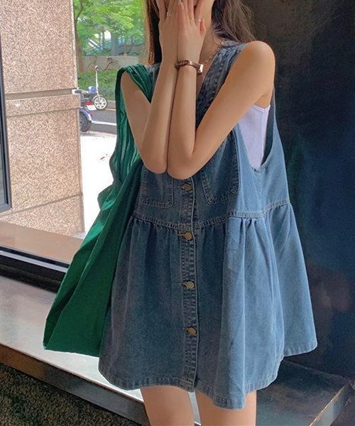 gossip!ロサンゼルス(ゴシップロサンゼルス)の「YUGA ノースリーブ ショートサスペンダースカート(ワンピース・レディース・インディゴブルー・M/XL/S/L)」の12枚目の写真