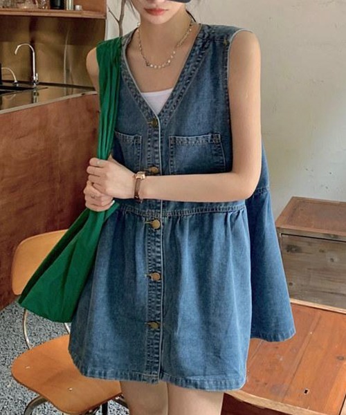 gossip!ロサンゼルス(ゴシップロサンゼルス)の「YUGA ノースリーブ ショートサスペンダースカート(ワンピース・レディース・インディゴブルー・M/XL/S/L)」の16枚目の写真