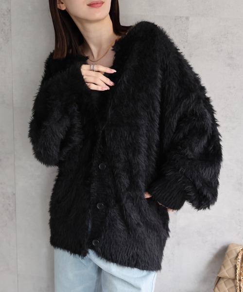 WAAC 防寒 裏地つきシャギーニット ブラック epnok セーター ニット 「EPNK」Damage logo shaggy knit / ダメージ