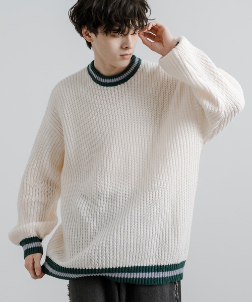 片畦オーバーサイズ リブラインクルーネックニット（ニット/セーター